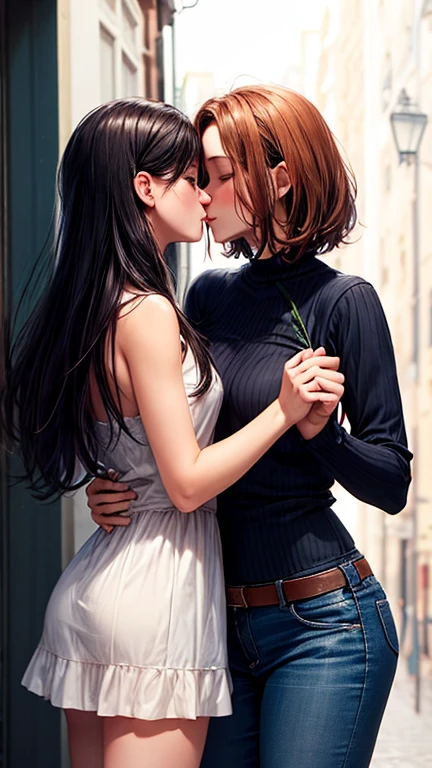 Dos mujeres semidesnudas compartiendo un beso, the first 40 years old and tall, the second is 18 years old and small, pelo corto y negro, piel palida, pelo rojo