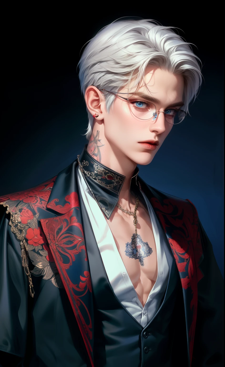 (masterpiece,best quality,ultra_detailed,highres,absurdres),1boy, male focus, tattoo, solo, white hair, chain, dark blue shirt, ((formal dress:1.0)) black necktie, necktie,  background, deep blue eyes, upper body, vest, short hair, looking at viewer, parted lips, round eyewear, long sleeves, neck tattoo, hand on own shoulder, arm tattoo, red background, gucci clothes (looking  away:1.2)