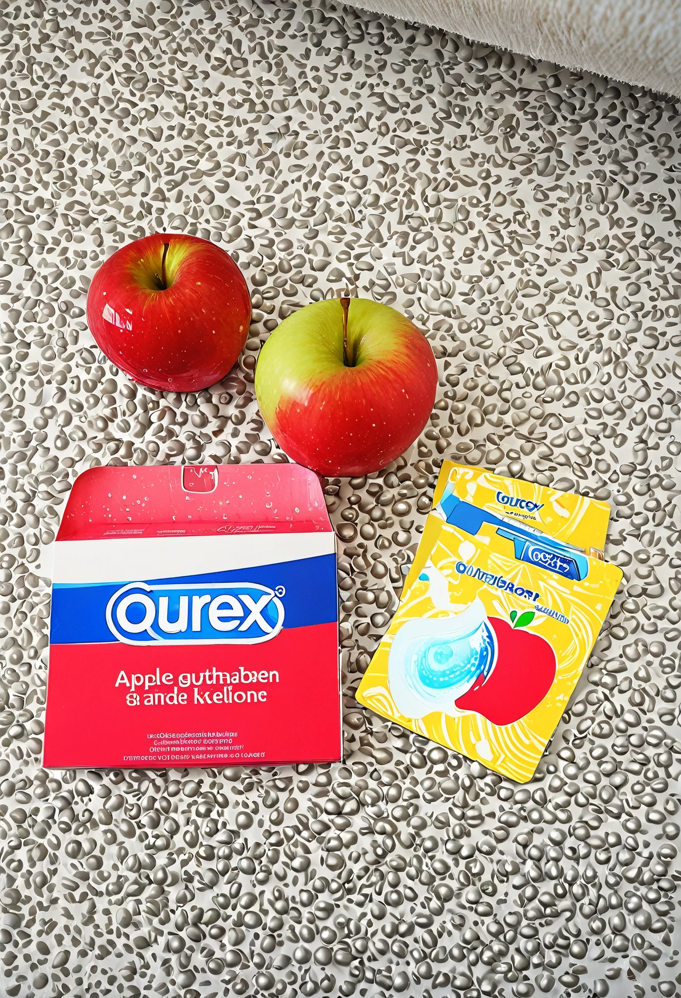 Erstelle mir ein Bild mit 3 Apple Guthaben Karten und einer roten durex Kondom Packung 