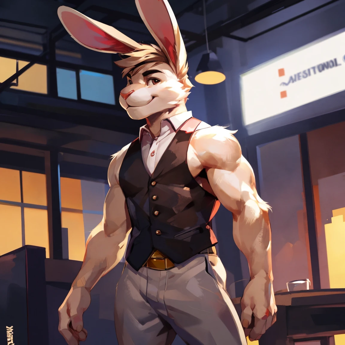 Solo, male, standing, medium muscular, smirking, social clothes, handsome, young man, attractive, rabbit, light gray rabbit, rabbit ears, raised bunny ears, perfect nose, eyes, muzzle, rabbit nose, male face, without hair, brown eyes, By mystikfox61