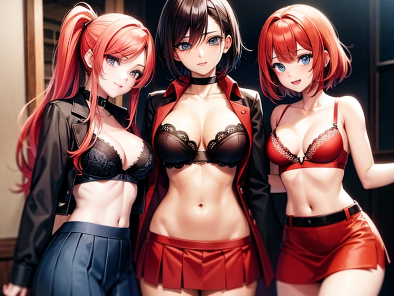 anime girls with red hair and blue eyes wearing a skirt and an open shirt revealing a black and red bra