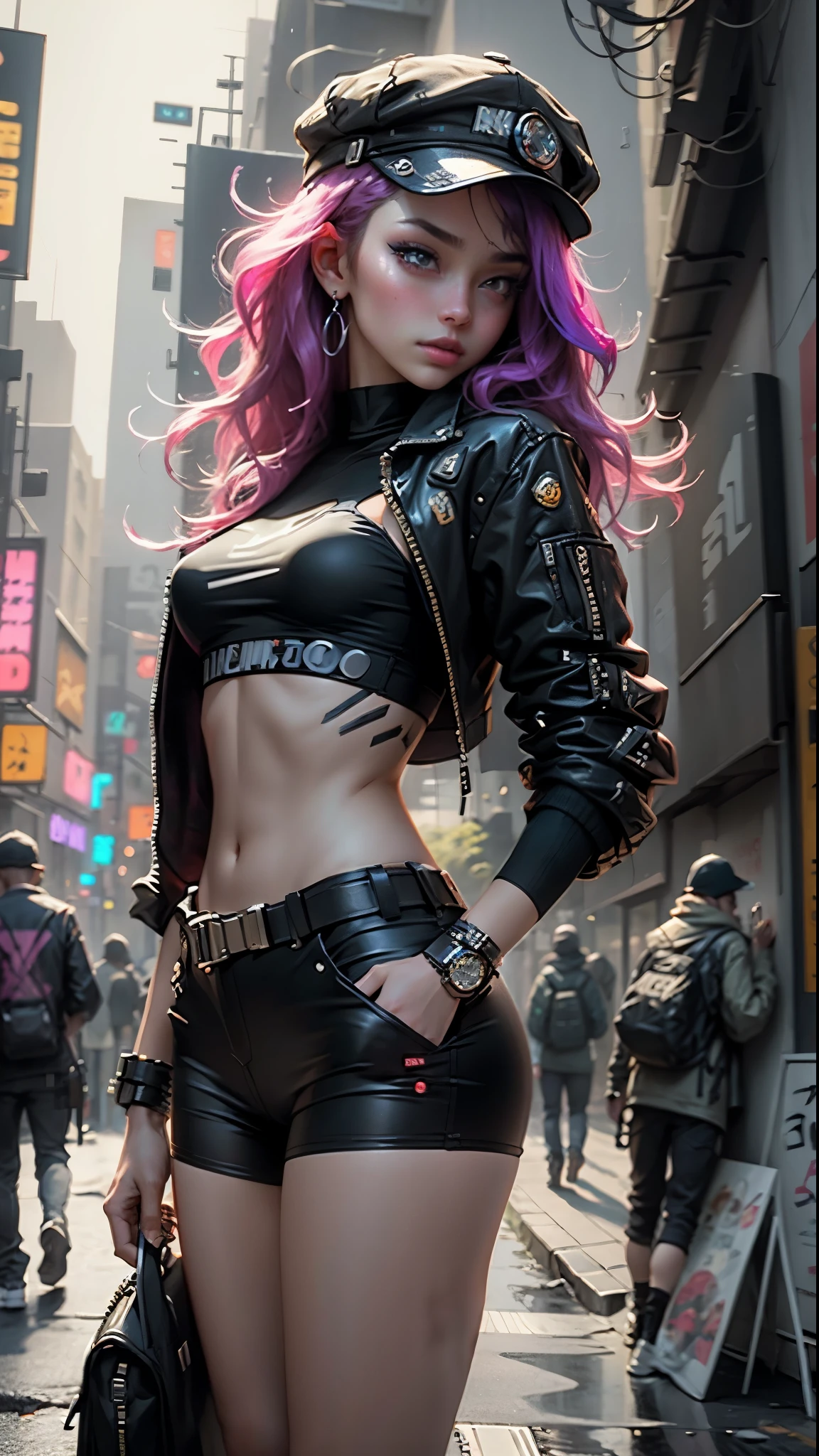 Beautiful woman medium hair, wearing cap, cyberpunk style short clothes