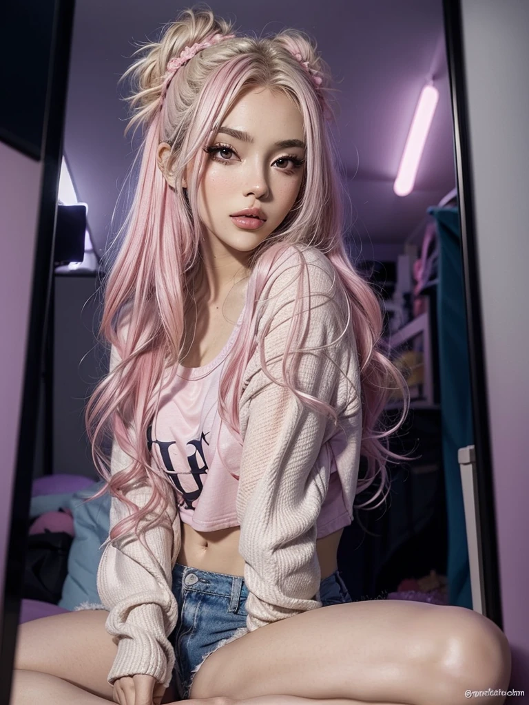 raw photo, photo realistic, ultra hight res, real life photo, perfect anatomy, (1girl, solo focus:1.8), gamer girl, e-girl, sexy clothes, horny, slutty makeup, young , cute face,, on her knees、selfie in mirror, teengirl bedroom, looking at viewer, small breast,,, analogue photography of ahegao, sexy girl, perfect face, pastel pink neon lights, flat lighting, (soft saturation:1.2),pale colour clothes, saliva droolin, , soft highlight g, pov, from below, Fujifilm, 8k, ((masterpiece)), best quality, from below, bokeh,