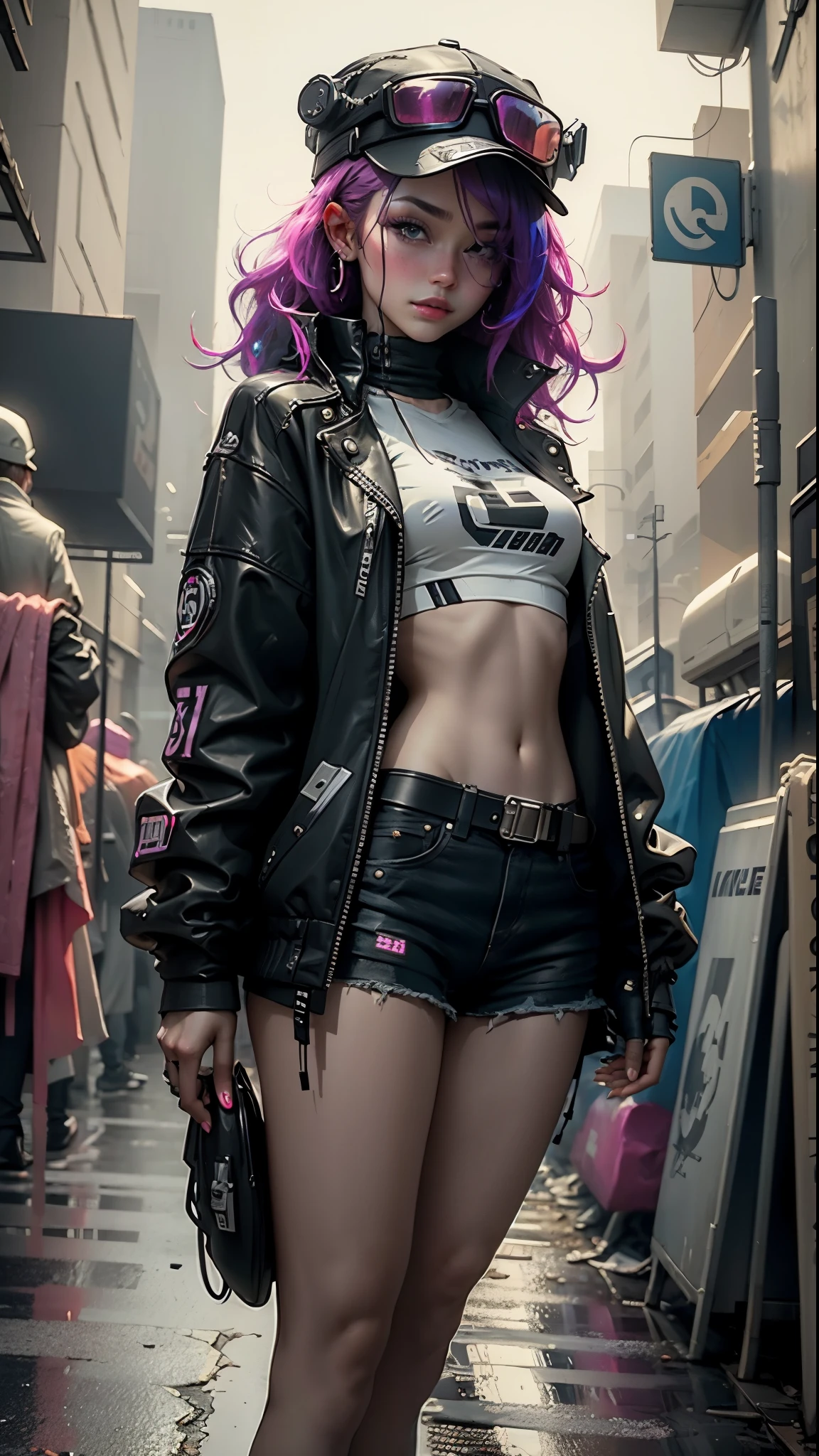 Beautiful woman medium hair, wearing cap, cyberpunk style short clothes