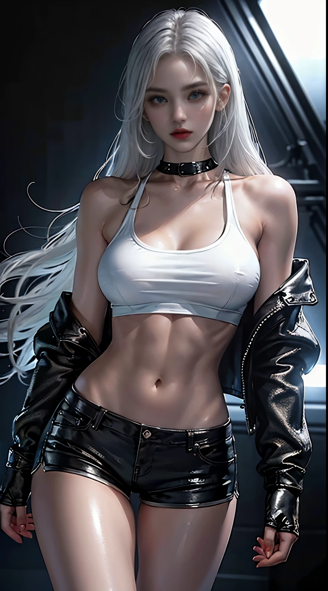 finely detailed beautiful eyes, overhead view, 1 woman, wide shot, white crop top, leather short shorts, black shorts, leather jacket, open shoulders, silver hair, long hair, detailed background, abs, black shorts, sweat, day, sky, shiny, sun, lake