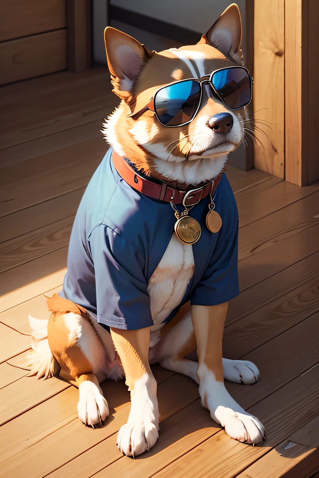 Dog with sunglasses on sitting on a wooden floor, with sunglasses, in sun glasses, goggles around his neck, looking heckin cool and stylish, wearing goggles, wearing shades, wearing cool sunglasses, wearing sunglasses, sun glasses, ferret in sunglasses, with sunglass,