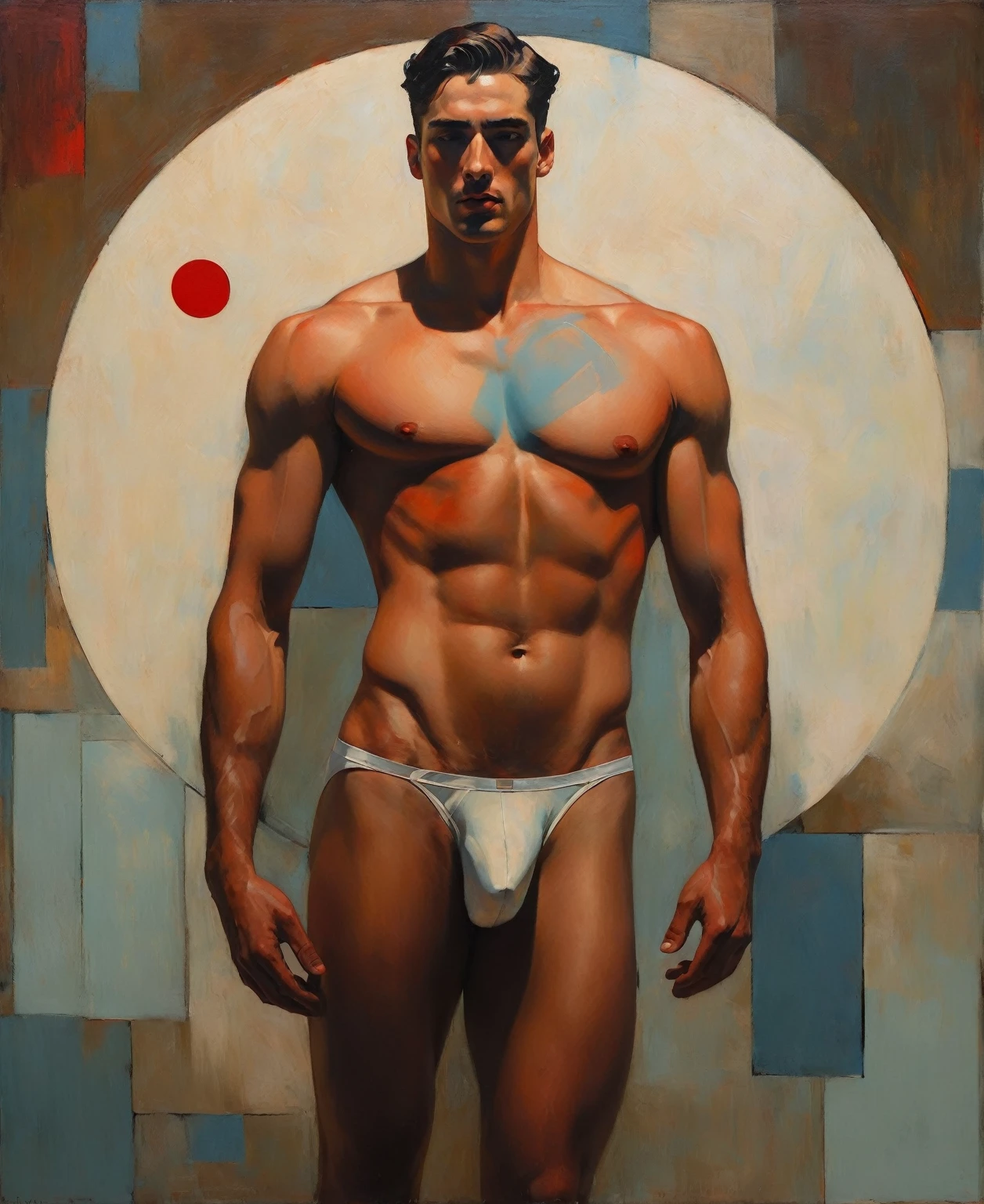 chiaroscuro technique on sensual illustration of an arafed man in white underwear, sexy masculine, diego fazio, male model, by Ludovit Fulla, model with attractive body, inspired by Ludovit Fulla, mid-shot of a hunky, the model draped in flowing, thick oil painting by Harumi Hironaka, extremely soft colors, vibrant, highly detailed, malcolm liepke painting, oil on canvas, high contrast, dramatic, refined, tonal, Create high contrast between light and shadow fire around, there is a red circle on a blue and red square, inspired by Bauhaus, in a shapes background, brown red blue, circle forms, red blue, by Leon Polk Smith, memphis abstract minimal art, graphic shapes, minimal art, blue and red, minimal art style, bauhaus art, inspired by El Lissitzky, bold simple shapes