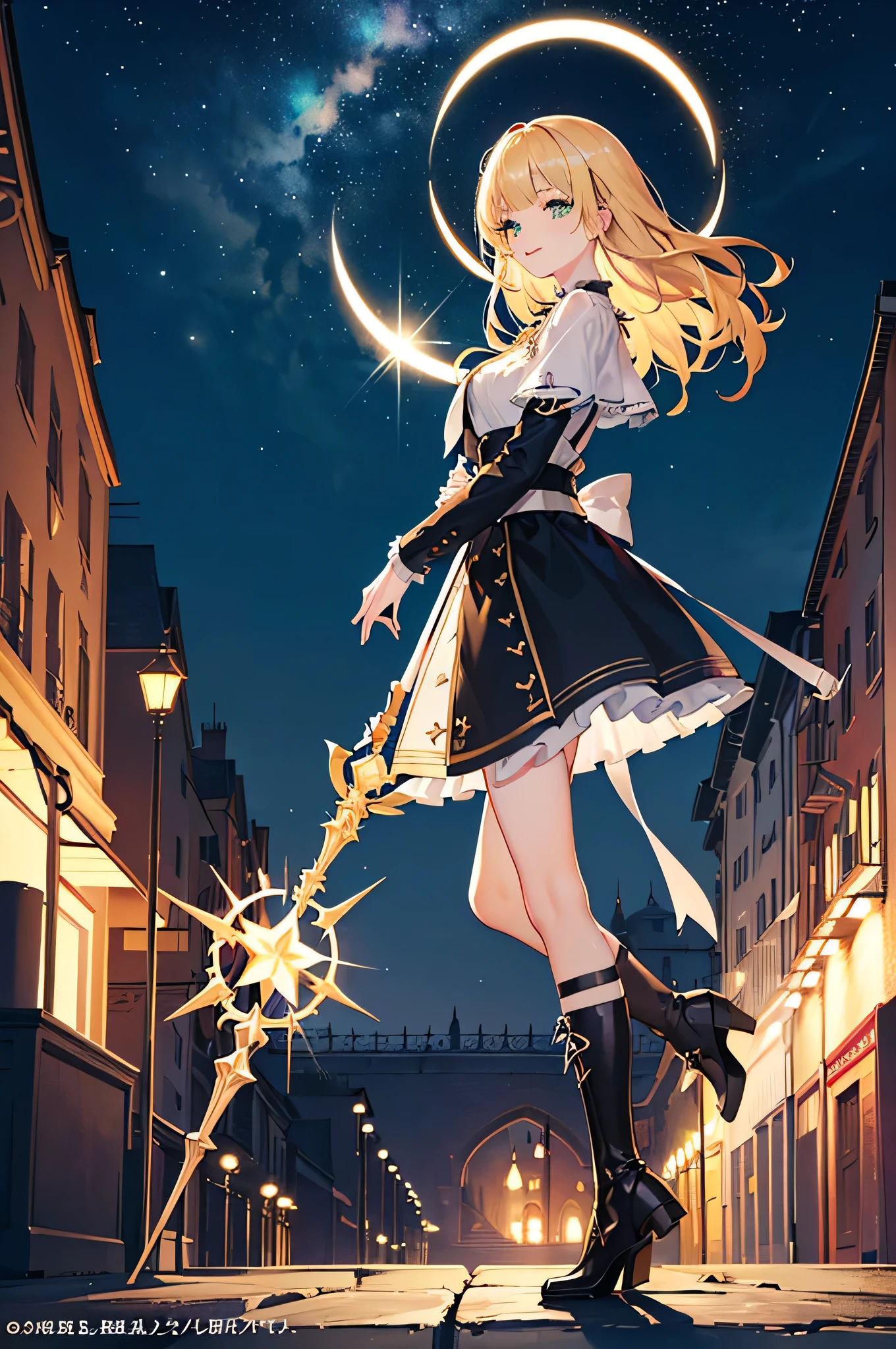 (Official art、Best Quality、Unity 8k Wallpapers、32K、masterpiece、ultra-detailliert、超A high resolution、realisitic、Photorealsitic:1.2)、(Cinematic lighting:1.2)、Fireglow effect、film grains、Best Shadows、Rim lighting、side lights、sideshot、(Ultra-detailed and complex 3D rendering)、Detailed beautiful face and eyes、Sharp pupils、Realistic pupils、A slender、1Man Woman、Medium bust、(Full body:1.2)、 Highly detailed background、beauitful face、16-year-old beautiful girl、(super detailed skin、detailed skin textures:1.3)、(Half Blonde、Colorful hair:1.3)、Blunt bangs、green colored eyeagical girl costume、white shirt、Costumes with frills、frills skirt、knee sox、(thighs thighs thighs thighs:0.8)、Black boots、(Fantastic and beautiful night sky、cathedral:1.4)、(carrying a magical staff:1.3)、(from side:1.3)、Fantastical、evil smile、I opened my mouth a little.