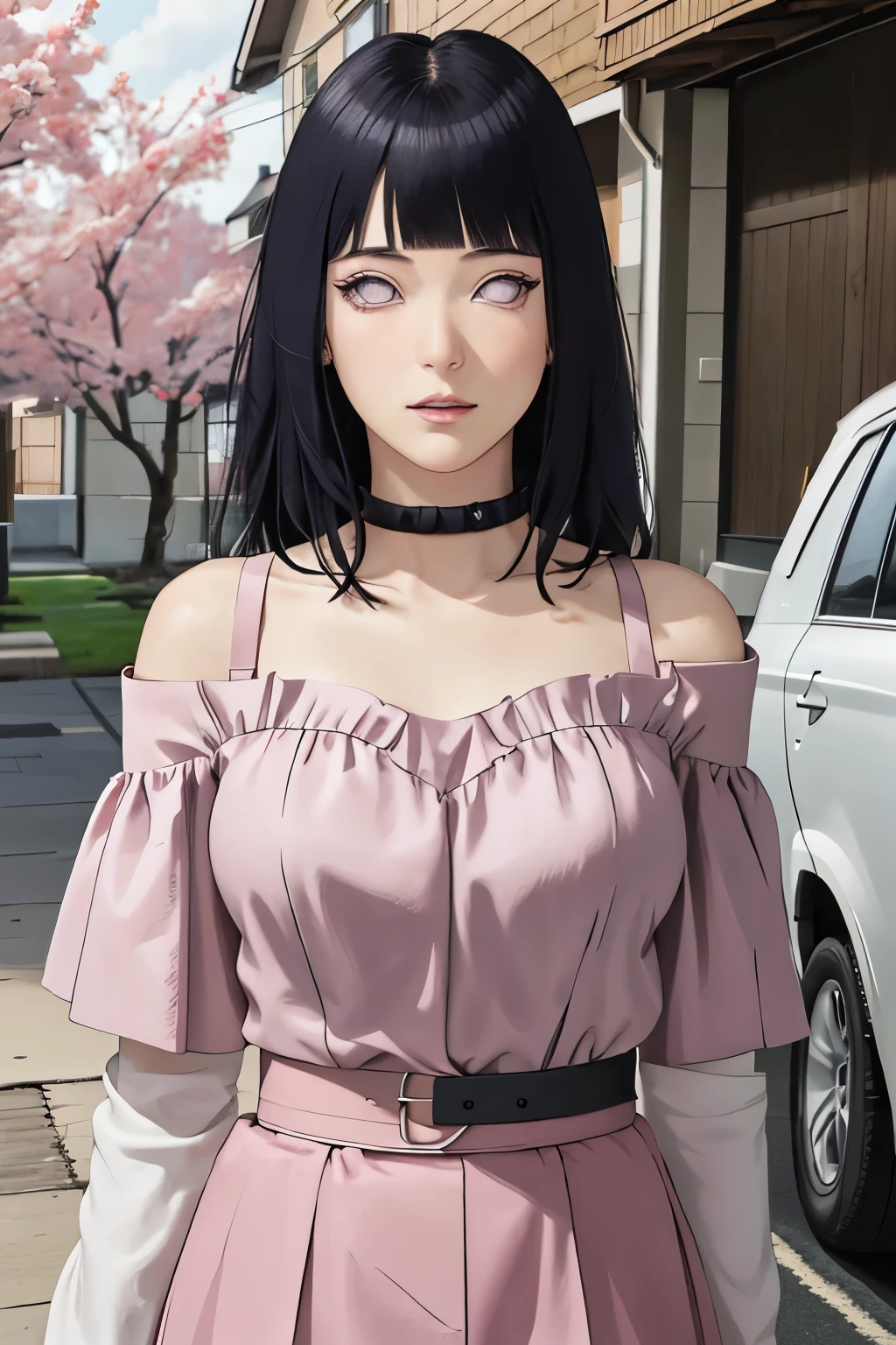 masterpiece, absurdres, hinata\(boruto\), 1girl, solo,mature female, off-shoulder strap bra, high waist short skirt, looking at viewer, (falling petals), perfect composition, detailed lips, big breast, beautiful face, body propotion, blush, (pink lips), long hair, purple eyes, soft gaze, super realistic, detailed, photoshoot, realistic face and body,