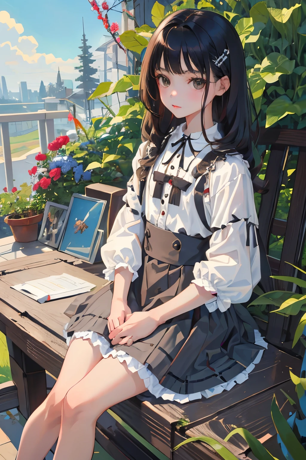 ()，highest quality，Beautiful face in every detail，cute，Dark brown eyes，(背の低いcute女の子，Smallg student，Yoicate girl）,（masterpiece，Top quality)，Black Hair，Sleepy expression，Lolita Clothing，Short sleeve white shirt，Colorful checked skirt，garden