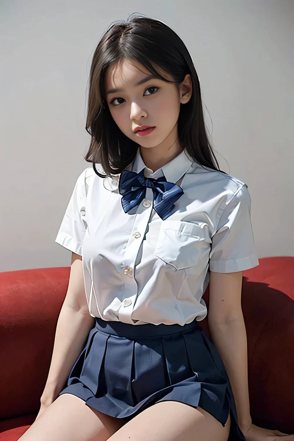 Very detailed CG Unity 8k wallpaper、highest quality、Very detailed、masterpiece、reality、Photorealistic、Very detailedなかわいい女の子、18-year-old、(High school girl in Japan uniform)、((White short sleeve buttoned shirt:1.4))、((Shooting from the front:1.4))、((Dark blue bow tie:1.4))、((Sitting on a red sofa:1.4))、((Model pose:1.4))、blush、Cleft lip、Looking at the audience、((Cowboy Shot:1.4))、(Navy blue short pleated skirt,:1.5)、(short sleeve white shirt for students)、(Straight medium long hair:1.7)、(Beautiful Face:1.3)、(Perfect Proportions:1.2)、(Long legs:1.2)、(Small breasts:1.3)、((Upper Body))、((White panties are visible:1.4))、Angle from below、reality、