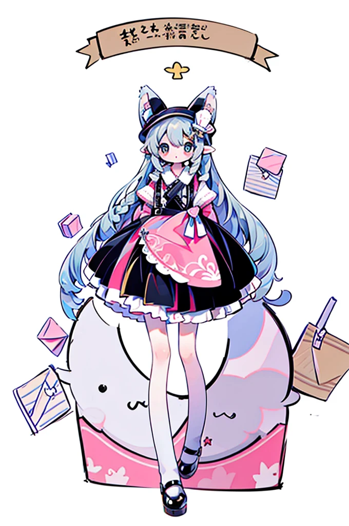 masterpiece, best quality, extremely detailed, detailed background, detailed face, parted bangs, 1girl, solo, long hair, white background, dress, letter, full body, very long hair, simple background, envelope, bow, braid, hair bow, looking at viewer, pointy ears, standing, holding letter, hair ornament, long sleeves, pink dress, black footwear, green bow, grey hair, animal ears, hat, brown eyes, love letter, holding envelope