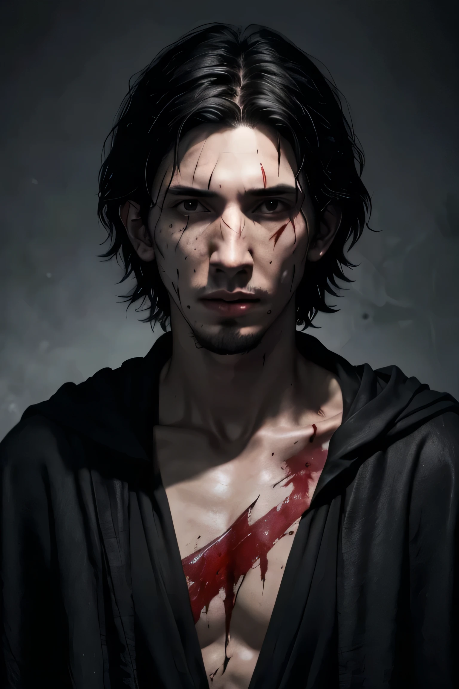 young male wizard, black robes, adam driver, scars in the face, bleeding scars, defiant, lot of facial cuts, facial scars, multiple cuts, red scars, portrait, skinny, blood in the face, scratches