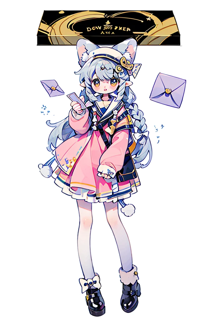 masterpiece, best quality, extremely detailed, detailed background, detailed face, parted bangs, 1girl, solo, long hair, white background, dress, letter, full body, very long hair, simple background, envelope, bow, braid, hair bow, looking at viewer, pointy ears, standing, holding letter, hair ornament, long sleeves, pink dress, black footwear, green bow, grey hair, animal ears, hat, brown eyes, love letter, holding envelope