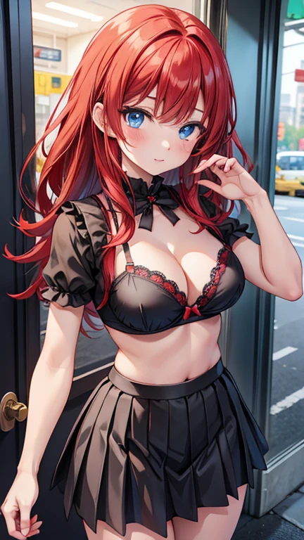 An anime girl with red hair and blue eyes wearing a skirt and a black and red bra