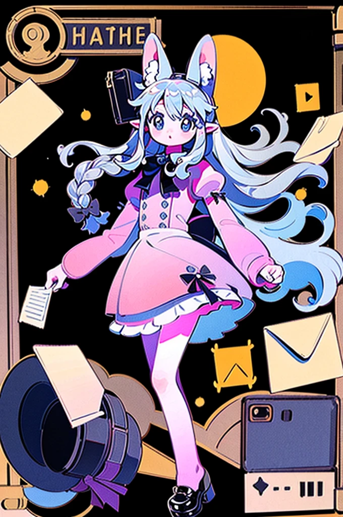 masterpiece, best quality, extremely detailed, detailed background, detailed face, parted bangs, 1girl, solo, long hair, white background, dress, letter, full body, very long hair, simple background, envelope, bow, braid, hair bow, looking at viewer, pointy ears, standing, holding letter, hair ornament, long sleeves, pink dress, black footwear, green bow, grey hair, animal ears, hat, brown eyes, love letter, holding envelope