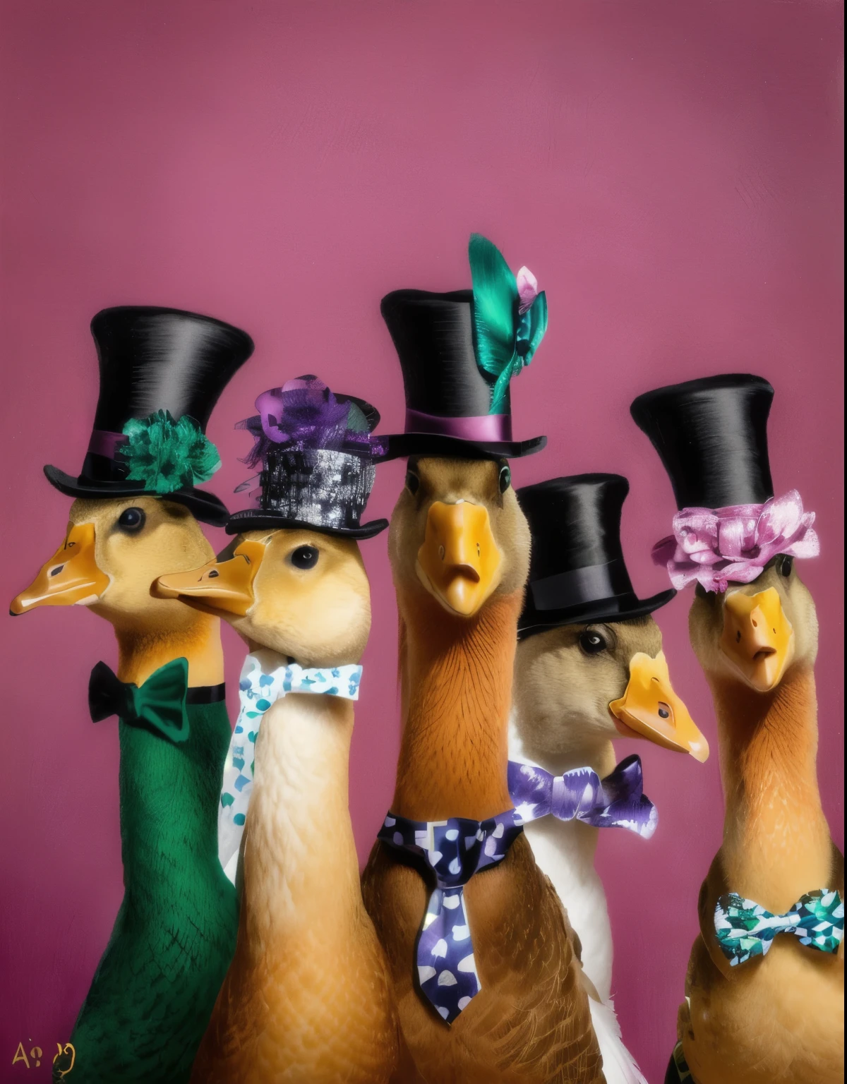 three ducks wearing hats and ties with bow ties and hats, ducks, gooses, by Jeka Kemp, top hats, by Anna Haifisch, by Jacob Duck, quackery, by Paul Bird, by Olga Boznańska, by Anne Dunn, by Aya Goda, ornately dressed, by Alison Debenham