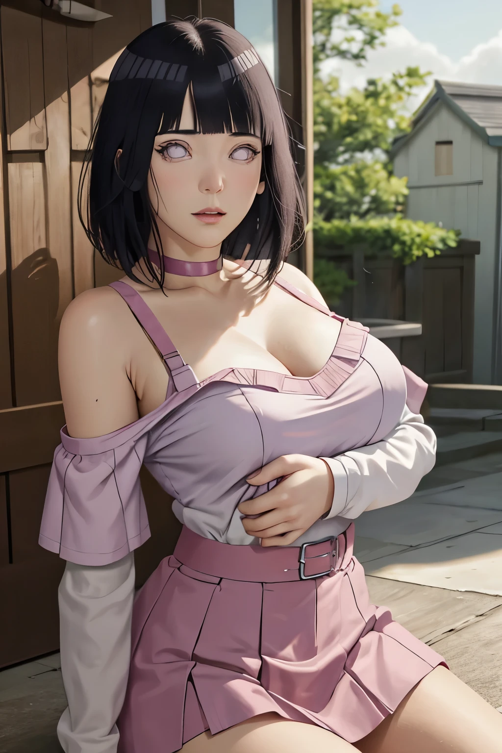 masterpiece, absurdres, hinata\(boruto\), 1girl, solo,mature female, off-shoulder strap bra, high waist short skirt, looking at viewer, (falling petals), perfect composition, detailed lips, big breast, beautiful face, body propotion, blush, (pink lips), long hair, purple eyes, soft gaze, super realistic, detailed, photoshoot, realistic face and body,
