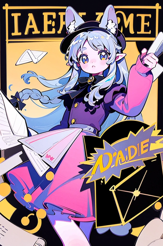 masterpiece, best quality, extremely detailed, detailed background, detailed face, parted bangs, 1girl, solo, long hair, white background, dress, letter, full body, very long hair, simple background, envelope, bow, braid, hair bow, looking at viewer, pointy ears, standing, holding letter, hair ornament, long sleeves, pink dress, black footwear, green bow, grey hair, animal ears, hat, brown eyes, love letter, holding envelope