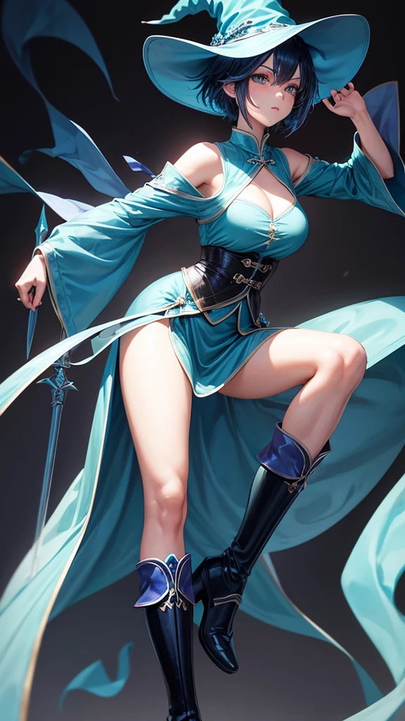medium breast, Short blue hair. She has blue slanted eyes. Straight hair to the shoulder wearing a large witch hat. Wearing aqua blue laytex outfit with knee high heel, dark castle interior background, kung fu stance, close up