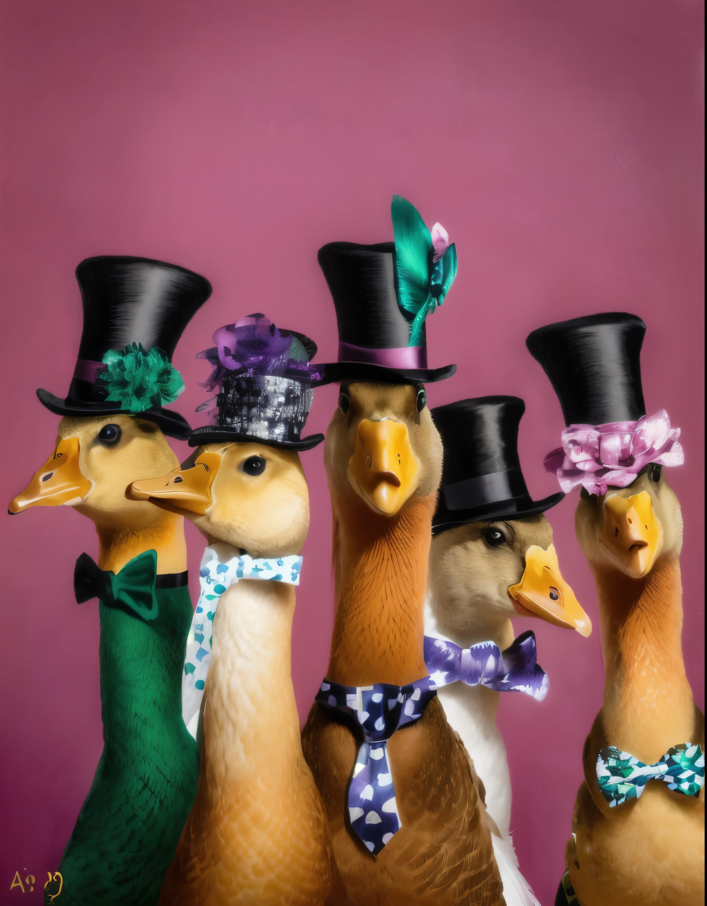 three ducks wearing hats and ties with bow ties and hats, ducks, gooses, by Jeka Kemp, top hats, by Anna Haifisch, by Jacob Duck, quackery, by Paul Bird, by Olga Boznańska, by Anne Dunn, by Aya Goda, ornately dressed, by Alison Debenham