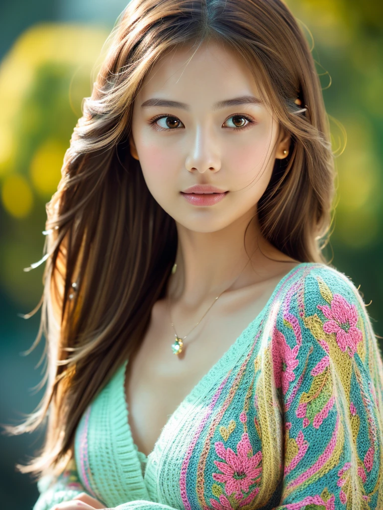 1girl, beautiful russian woman, light brown hair, clear skin, narrow waist, wearing loose light knitwear, masterpiece SLR photo, attention to detail, perfect proportions, soft-looking bust with cleavage, (best quality, 4k, 8k, highres, masterpiece:1.2), ultra-detailed, (realistic, photorealistic, photo-realistic:1.37), portraits, night scene, cinematic lighting, (intricate details:1.2), (vivid colors:1.2), (natural skin texture:1.1), (elegant pose:1.1), (serene expression:1.1), (soft focus background:1.1), (rough long hairstyle:1.2)