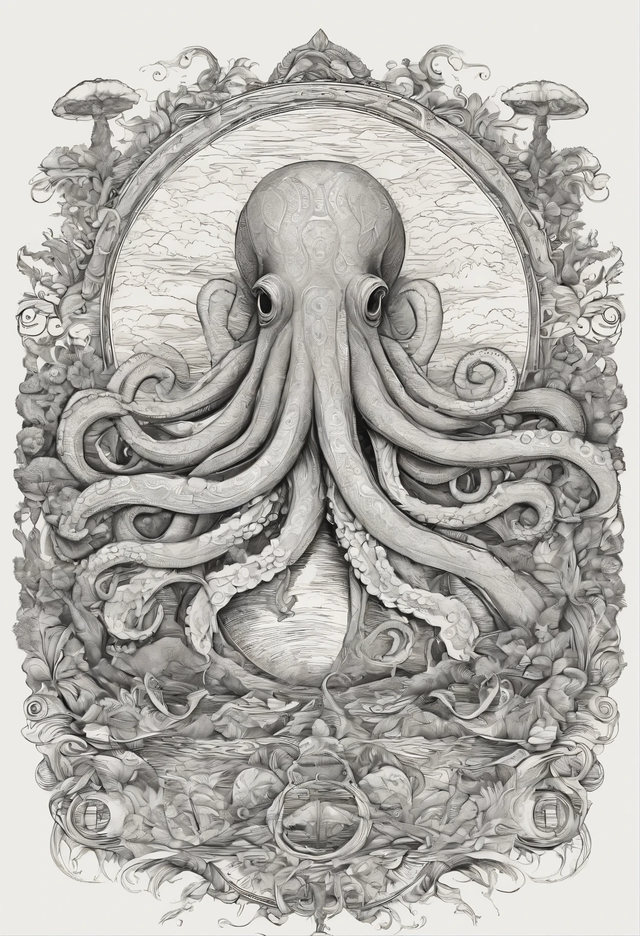Imagine a majestic octopus with eight tentacles gracefully extending around the planet Earth, each tentacle wrapped in intricate and precise details. This octopus is drawn in a highly detailed artistic style, without any deformations or extra tentacles, maintaining the creature's realistic anatomy. Each sucker on the tentacles is meticulously rendered, and the octopus's body features finely detailed textures and patterns. The planet Earth in the center of the composition is drawn with a high level of detail, showcasing continents, oceans, and even atmospheric clouds. This design is ideal for a t-shirt print, offering an impressive and detailed visual that will surely catch the eye and delight art and nature enthusiasts.