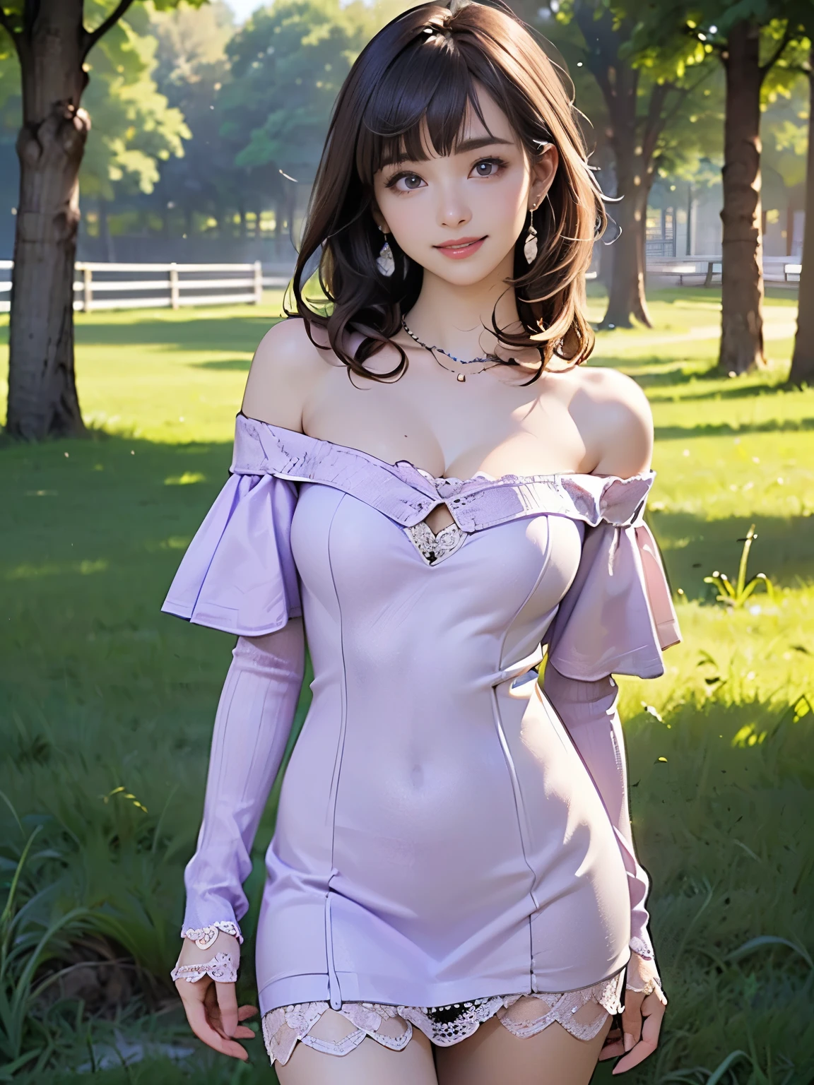 ((((highest quality))))、(((Ultra-precision CG16K wallpaper)))、(((masterpiece)))、(((Super detailed)))、(((Extreme detail)))、((1Mature 29 year old woman:1.6))、((Very beautiful Japanese faces))、((vegetable々Introduction:1.5))、((Straight medium hair、blunt bangs:1.5))、(Shiny brown hair)、Beautiful delicate eyes、Brown Eyes、eyeliner、Eyeshadow、High nose、Small nostrils、Small Mouth、Seductive lips、Beautiful breasts、((C cup size breasts))、Cleavage、Beautiful feet、eight-headed body、Perfect proportions、Perfect Anatomy、Perfect composition、Beautiful detailed shading、Beautiful, natural lighting、Beautiful detail glow、Depth of written boundary、(((High chroma)))、(((Real:1.9)))、((vivid:1.5))、((Beautiful Skin))、((Skin Texture))、((Realな皮膚感))、(((Cowboy Shot:1.6)))、((Front view、shoot from front、Front low angle:1.6))、(((smile:1.6)))、((The woman is looking at this、looking at viewer、Facing forward:1.6))、Bright daylight、Natural light、(((Grass Square、Trees:1.3)))、(Walking Pose:1.6)、(((Light purple off-the-shoulder lace knit mini dress:1.6)))、((Earrings、Wearing a necklace:1.3))、((Knee-high socks:1.3))、