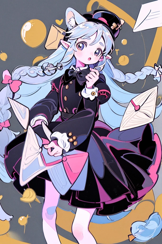 masterpiece, best quality, extremely detailed, detailed background, detailed face, parted bangs, 1girl, solo, long hair, white background, dress, letter, full body, very long hair, simple background, envelope, bow, braid, hair bow, looking at viewer, pointy ears, standing, holding letter, hair ornament, long sleeves, pink dress, black footwear, green bow, grey hair, animal ears, hat, brown eyes, love letter, holding envelope