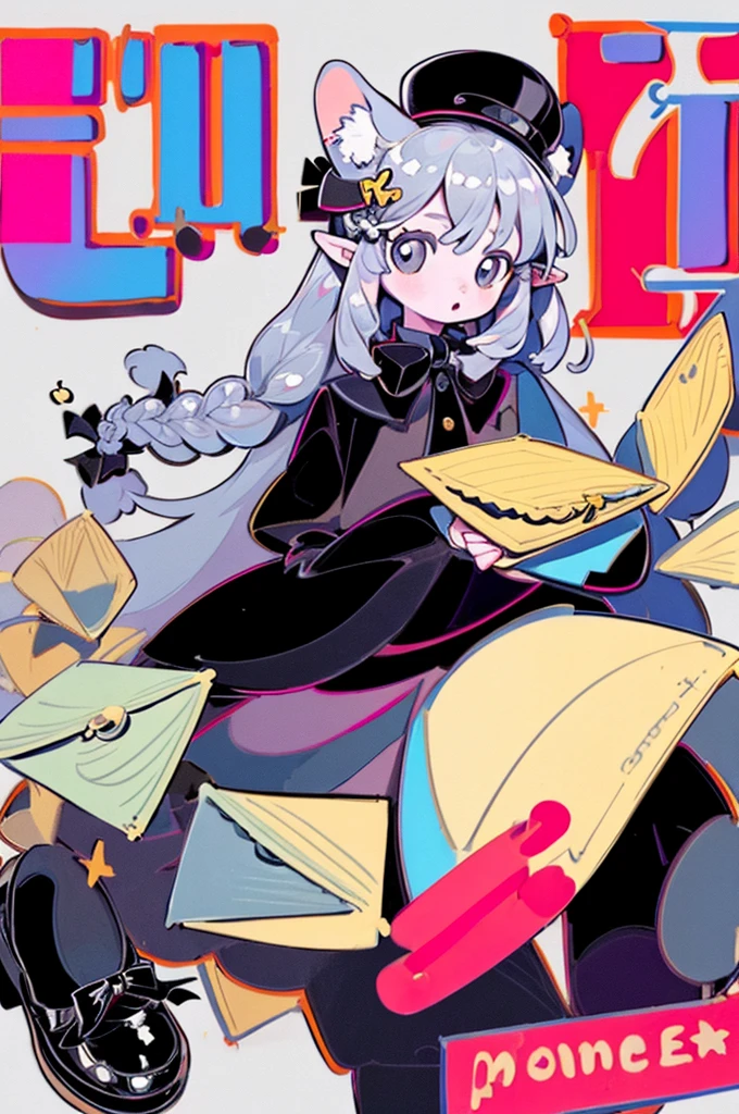 masterpiece, best quality, extremely detailed, detailed background, detailed face, parted bangs, 1girl, solo, long hair, white background, dress, letter, full body, very long hair, simple background, envelope, bow, braid, hair bow, looking at viewer, pointy ears, standing, holding letter, hair ornament, long sleeves, pink dress, black footwear, green bow, grey hair, animal ears, hat, brown eyes, love letter, holding envelope