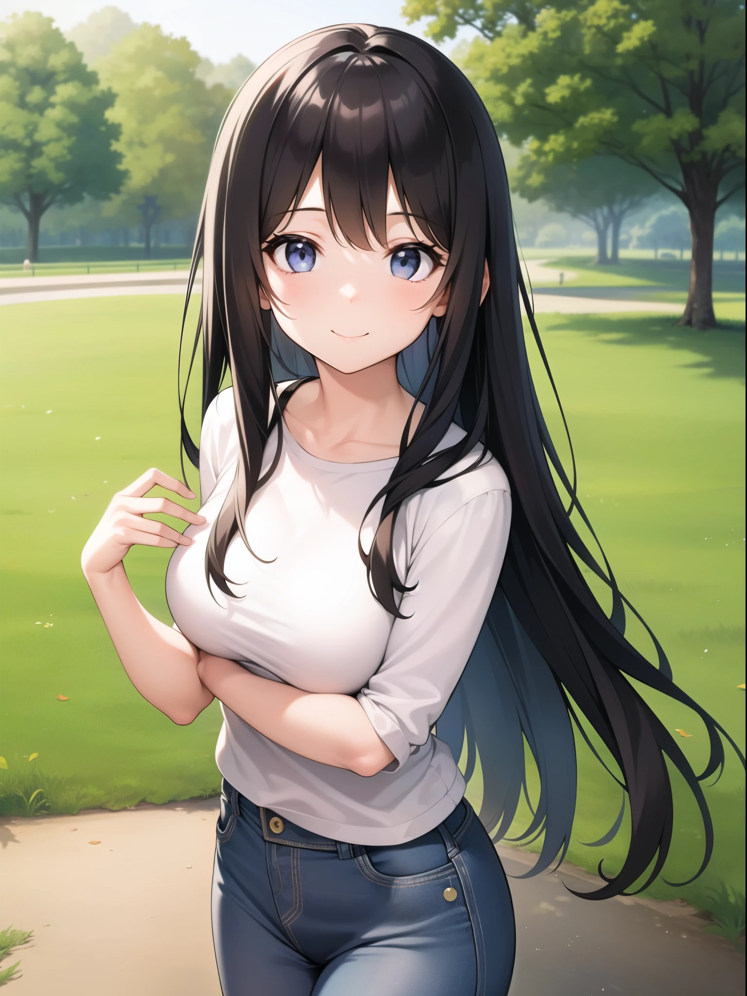 A girl taking a commemorative photo in the park。Smiling。Black Hair。White-based clothing