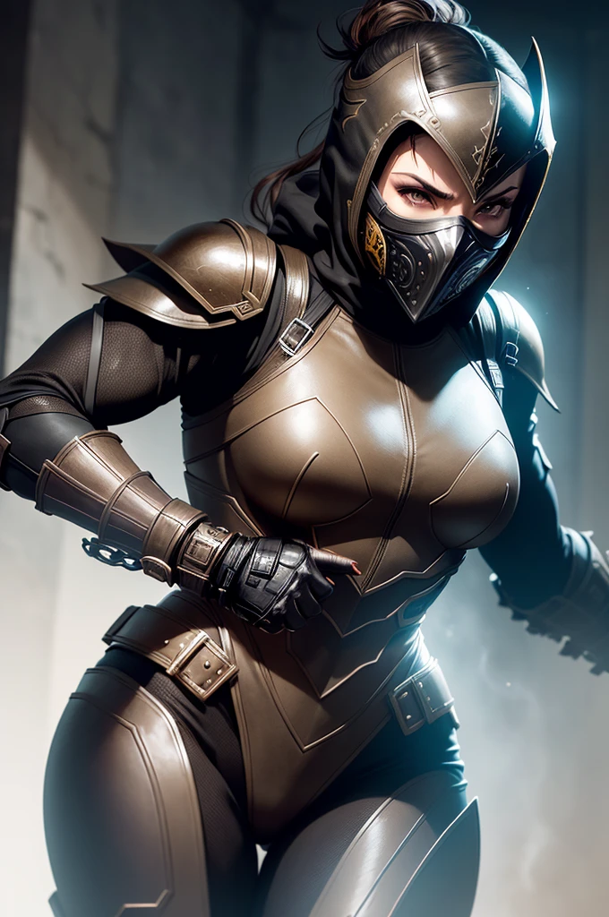 A female superhero wears a leather armored suit and wears a mask over her face in a (Mortal Kombat style)