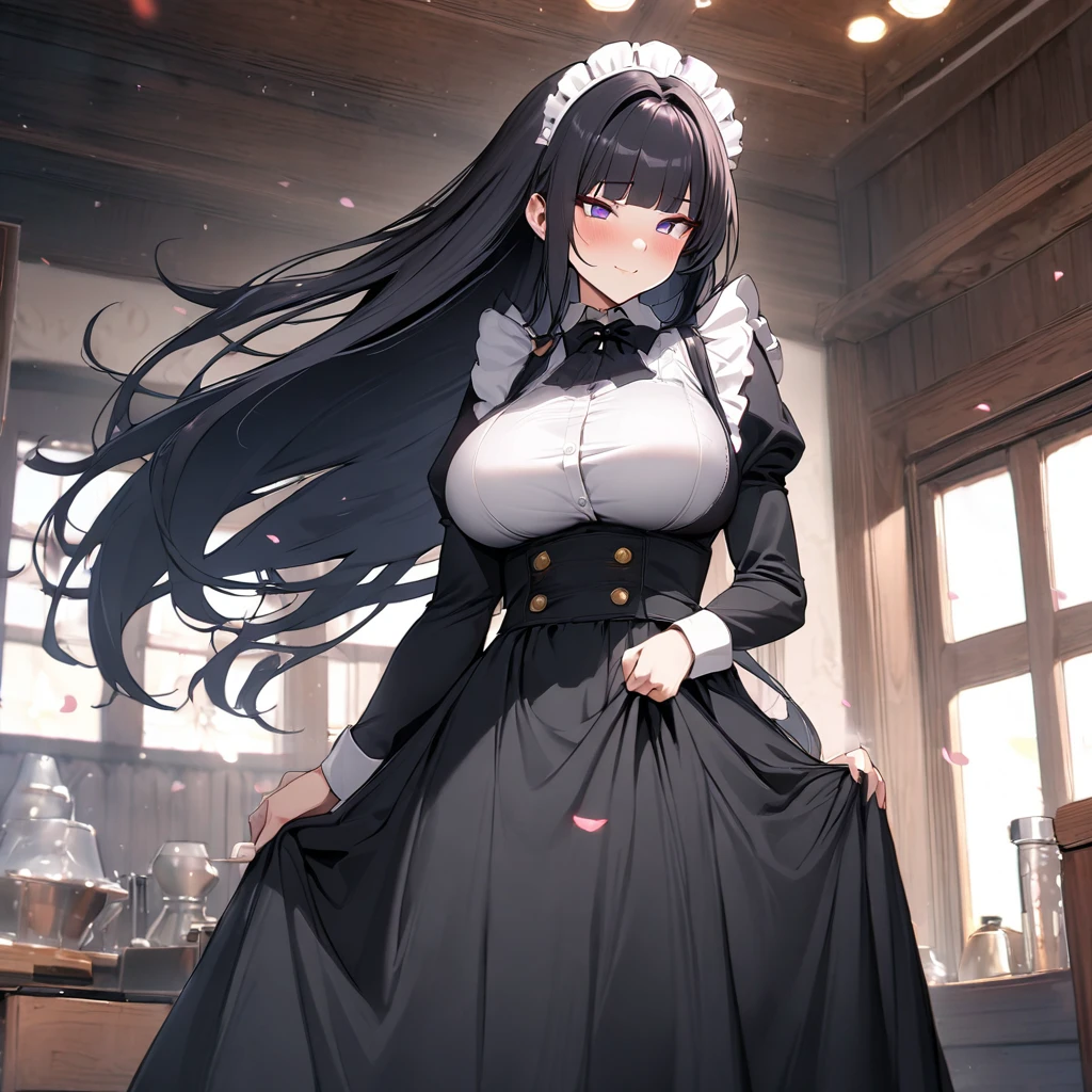 (masterpiece, highest quality, Absurd), One Woman,mature,Mature,Age 25,Black Hair, Straight long hair, Blunt bangs, Big Breasts, Tight waist, Purple eyes, petal, Blue tanned skin, indoor, Gunsmith,Assault rifle,Maid,Black Long Skirt,Maid headdress, Maid apron, Cowboy Shot, blush, A light smile, Tilt your head, bow