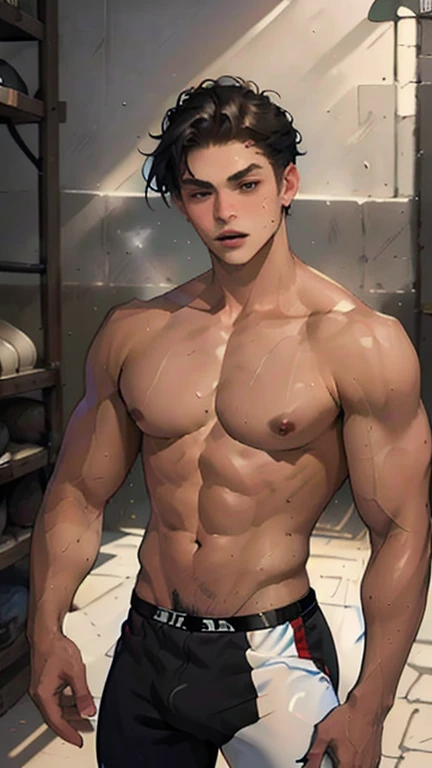 Oil painting, A handsome Fifteenth century page Young boy Presses against the young man's thighs Brent Everett, , athletic build, ideal body, aesthetically beautiful, erotically tempting, seducing, offering himself Without clothing With round perfect buttocks, muscular, sweaty after a workout