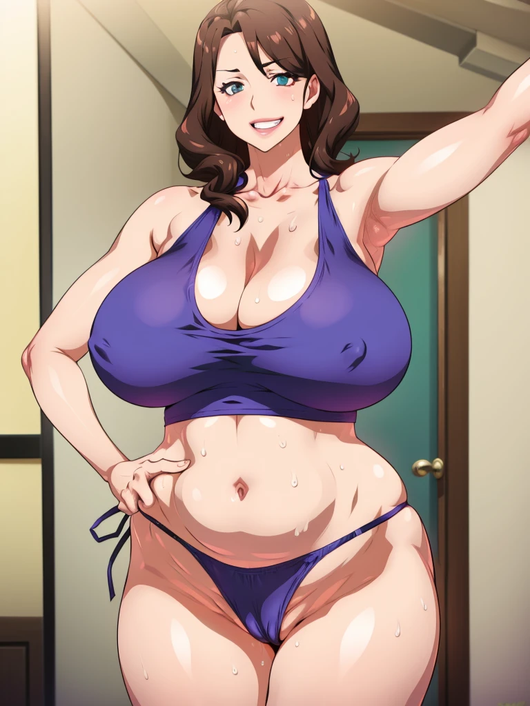 sexy woman, mature milf, huge breasts, large breasts, curvy, voluptuous, tanktop (neckline, navel and stomach), highleg panties thong, sweating, shiny skin, grinning, dynamic pose, solo focus, house interior, male room, indoor, art by joy ride