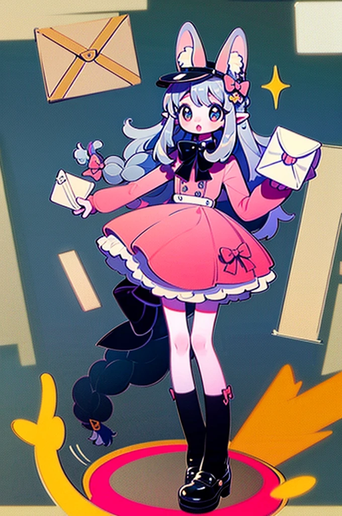 masterpiece, best quality, extremely detailed, detailed background, detailed face, parted bangs, 1girl, solo, long hair, white background, dress, letter, full body, very long hair, simple background, envelope, bow, braid, hair bow, looking at viewer, pointy ears, standing, holding letter, hair ornament, long sleeves, pink dress, black footwear, green bow, grey hair, animal ears, hat, brown eyes, love letter, holding envelope