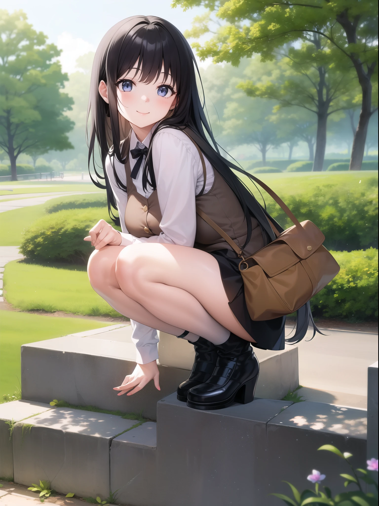 A girl taking a commemorative photo in the park。Smiling。Black Hair。White-based clothing