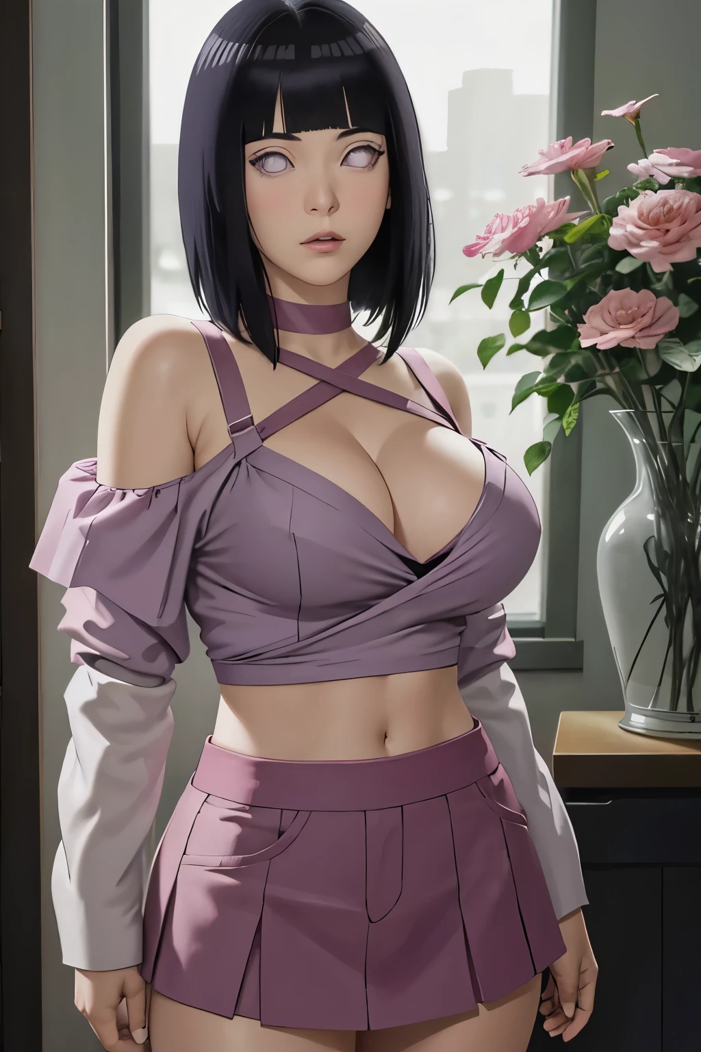 masterpiece, absurdres, hinata\(boruto\), 1girl, solo,mature female, off-shoulder strap bra, high waist short skirt, looking at viewer, (falling petals), perfect composition, detailed lips, big breast, beautiful face, body propotion, blush, (pink lips), long hair,  purple eyes,  soft gaze,  super realistic, detailed, photoshoot, realistic face and body,