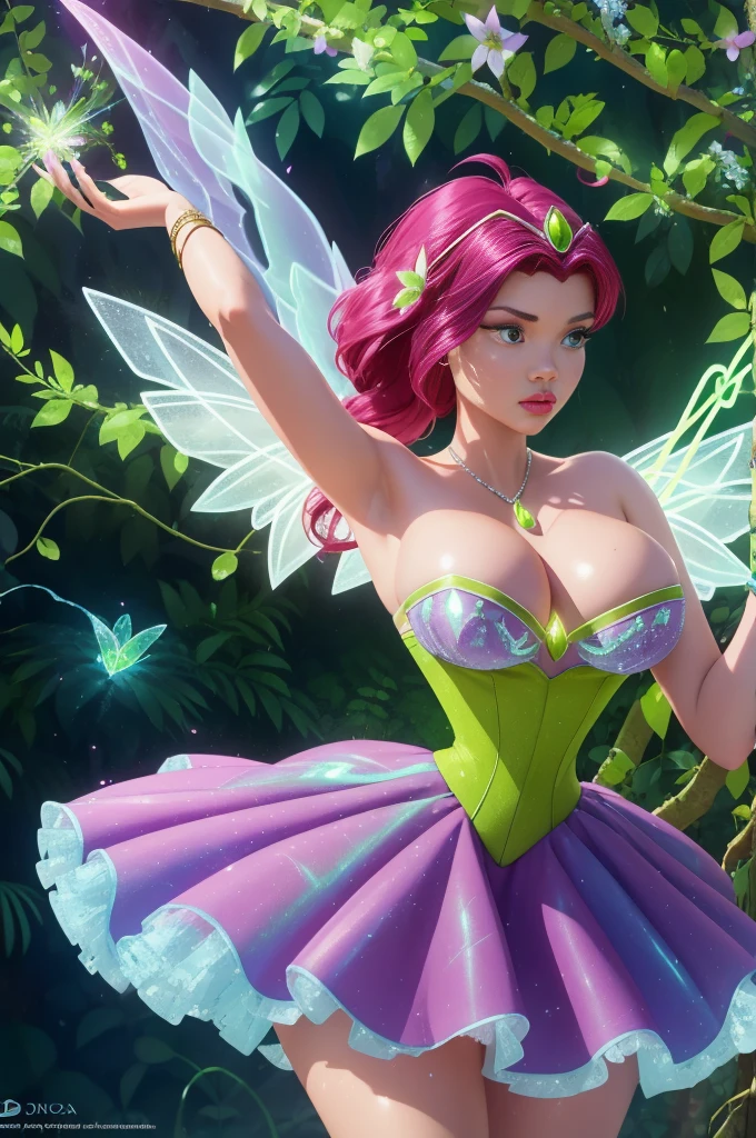 High-quality artwork portraying Tecna, the technology fairy, in an outfit inspired by Tinker Bell from the 'Peter Pan' movie, but with a more organic and natural approach, as if she crafted her attire using elements found in the forest. Her skirt is short, emphasizing her thick thighs, and made of leaves from a magical plant, with an iridescent appearance when catching sunlight. The bodice is adorned with wildflowers and leaves, accentuating her slim waist and ample bust, creating a sense of harmony with the natural environment. Tecna wears accessories made of crystals and stones found in the forest, such as bracelets intertwined with branches and necklaces with crystal pendants. Her hair is adorned with small flowers and leaves, adding a touch of delicacy and elegance. She is surrounded by a glowing energy aura, emanating from her wings made of petals and leaves. The details of Tecna's outfit convey a sense of connection with nature and magical power while still reflecting her technological prowess.