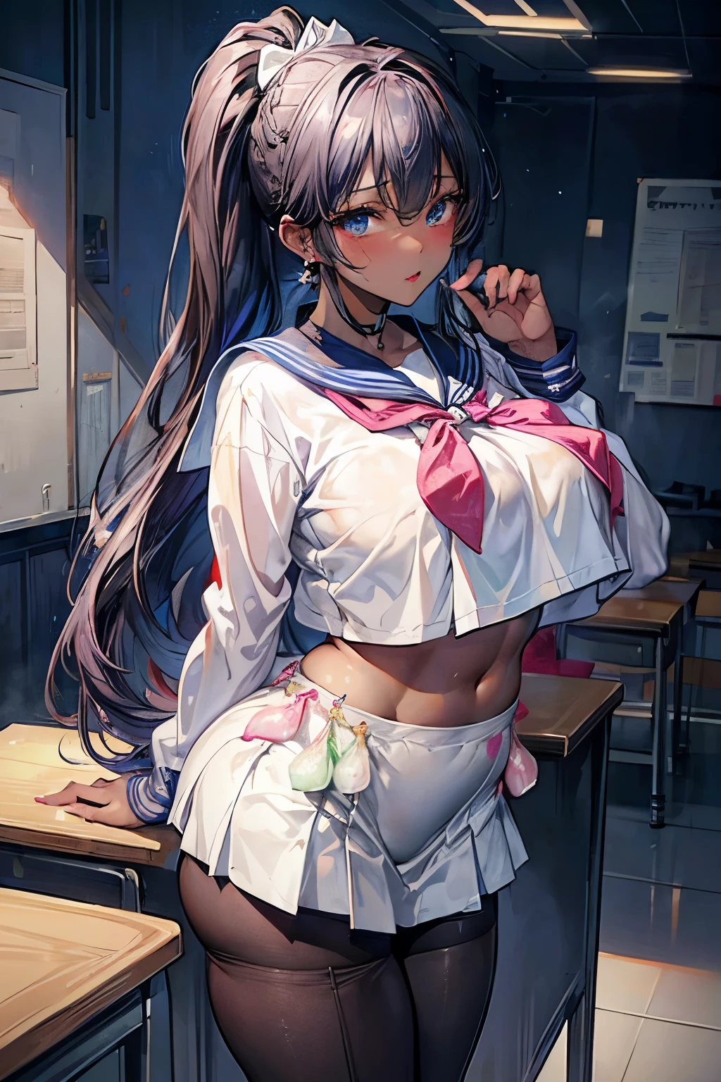 (masterpiece:1.2、highest quality、Tmasterpiece)、1 female、alone、classroom、Day、stand、whole body、Beauty、blonde、ponytail、blue eyes、(Sailor suit:1.4)、(Dark Skin:1.4)、Blake、Big Breasts、Big Butt、Long sleeve、corset、Earrings、lipstick、(pantyhose:1.2)、mini skirt、Very sweaty、choker、blush、Covered breasts、Bangs braids、(Thick lips:1.2)、(Condom Belt:1.3)
