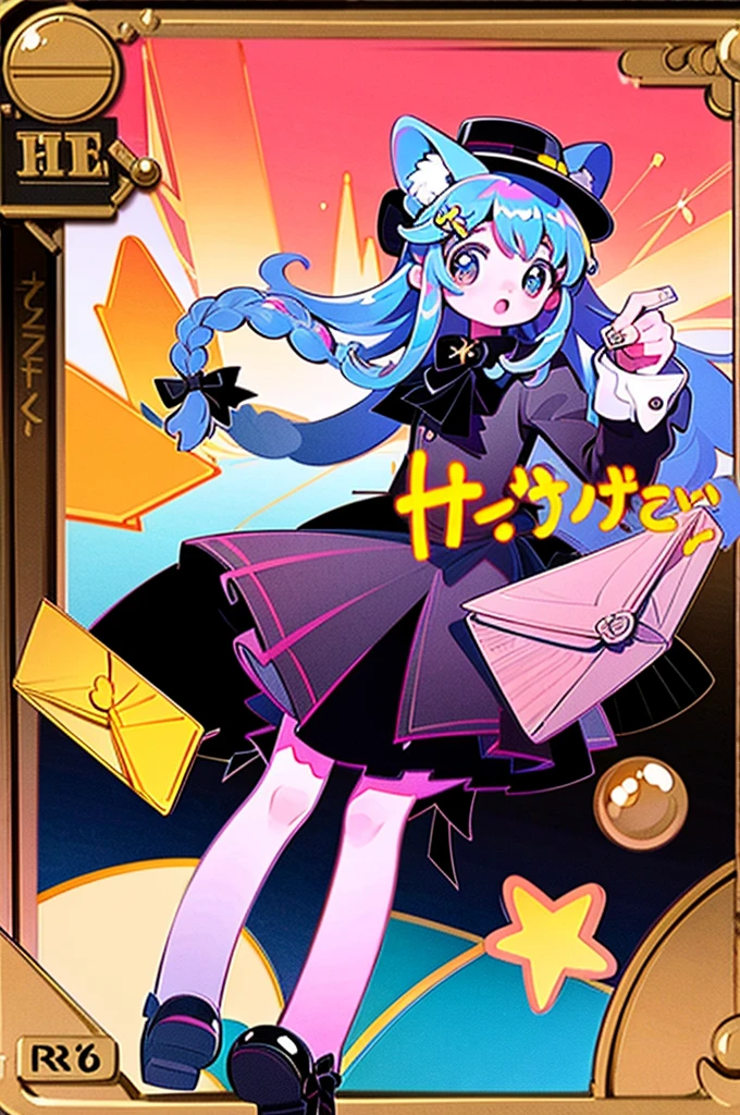 masterpiece, best quality, extremely detailed, detailed background, detailed face, parted bangs, 1girl, solo, long hair, white background, dress, letter, full body, very long hair, simple background, envelope, bow, braid, hair bow, looking at viewer, standing, holding letter, hair ornament, long sleeves, pink dress, black footwear, green bow, iridescent hair, downturned animal ears, hat, brown eyes, love letter, holding envelope