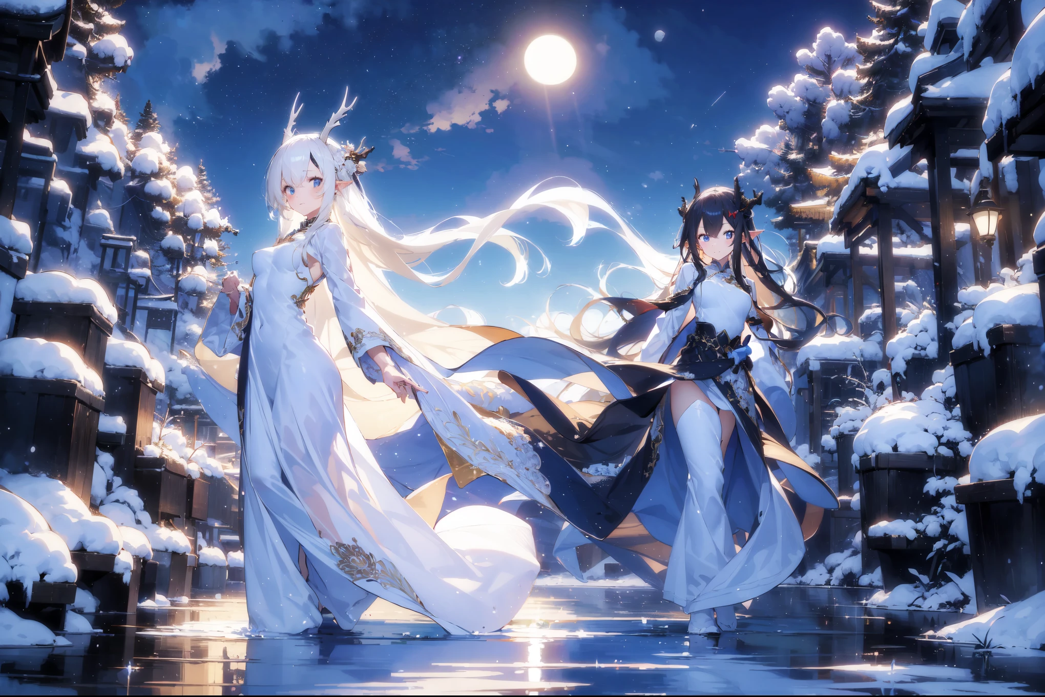 (best quality, highres, masterpiece : 1.4), (arknight), (flatten art : 0.8), masterpiece, (best quality), dark environment, 1woman, anime, long hair, white hair, straight hair, horns, pale skin, dark eyes, pointy ears, white ao dai, tall, medium sized breast, enticing face, (detailed face), (intricate hand),(detailed hand), solo, lake, mystical atmosphere, night, walking on water, snow, winter, close-up
