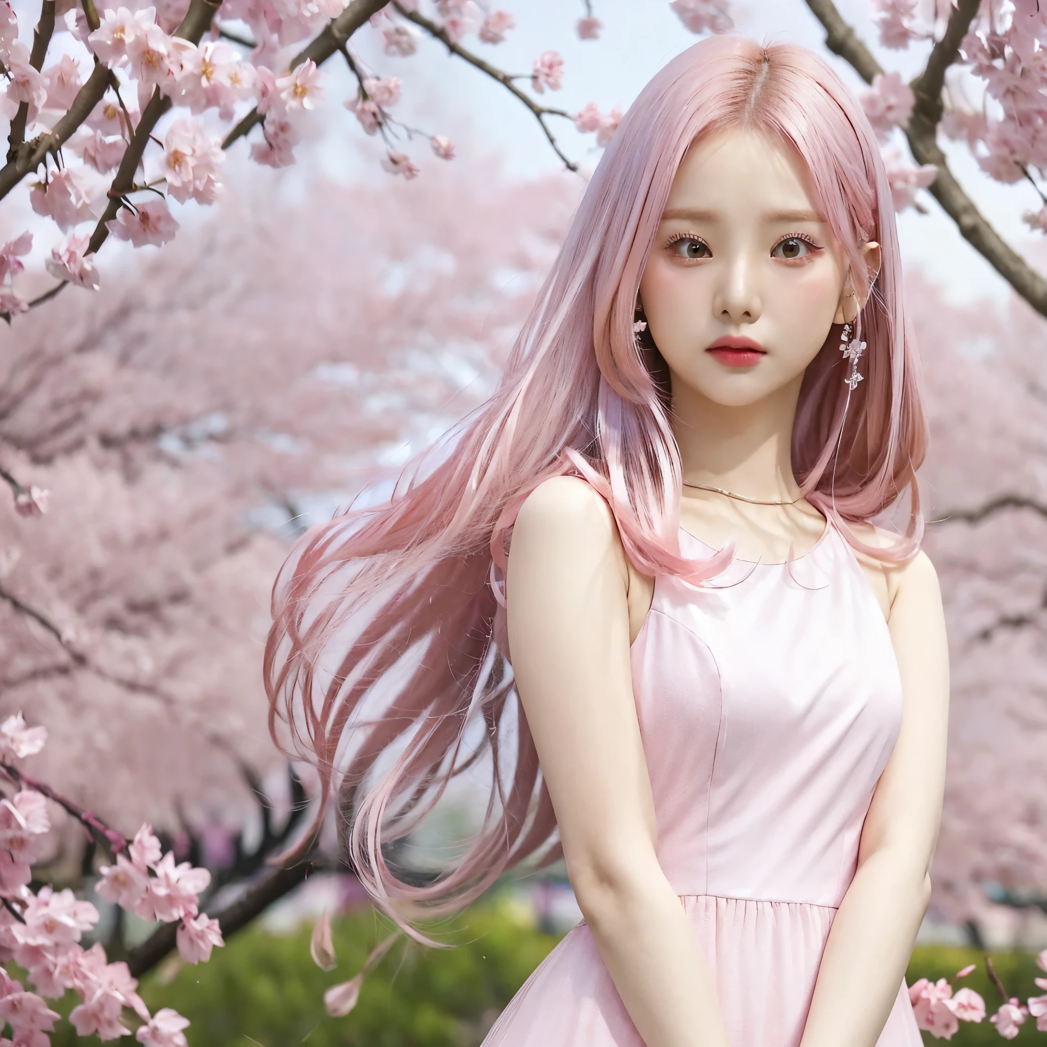 ((1girl)), pink hair, ((fuchsia dress)), short dress, white background, portrait, stand alone, in a park with Sakura trees, close-up