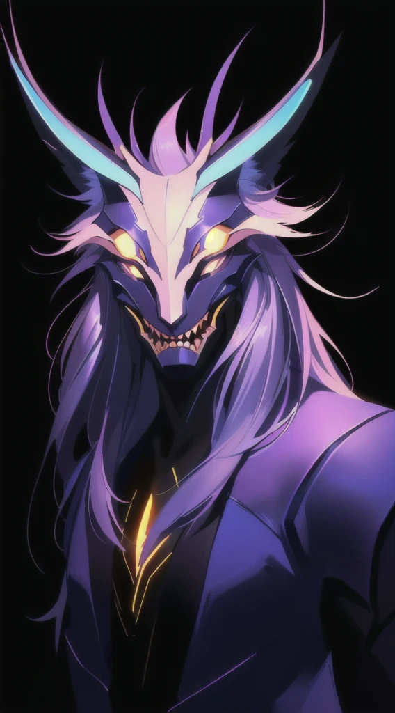 Close up of an extraterrestrial male creature with four eyes and animalistic features, anthro alien guy, extra eyes, glowing blue eyes, dark skin with luminescent marks, unnatural skin tone, big animal ears, wide animalistic nose, tendrils on top of the head with glowing tips, sharp teeth protruding on the sides of the wide mouth, head covered with long purple feathers instead of hair, calm face expression, painted in the style arcane, epic fantasy art style, cinematic lighting, sparkle, glowing light, ray tracing, dark tones, contrast colors, atmospheric background, high definition, high details, high quality