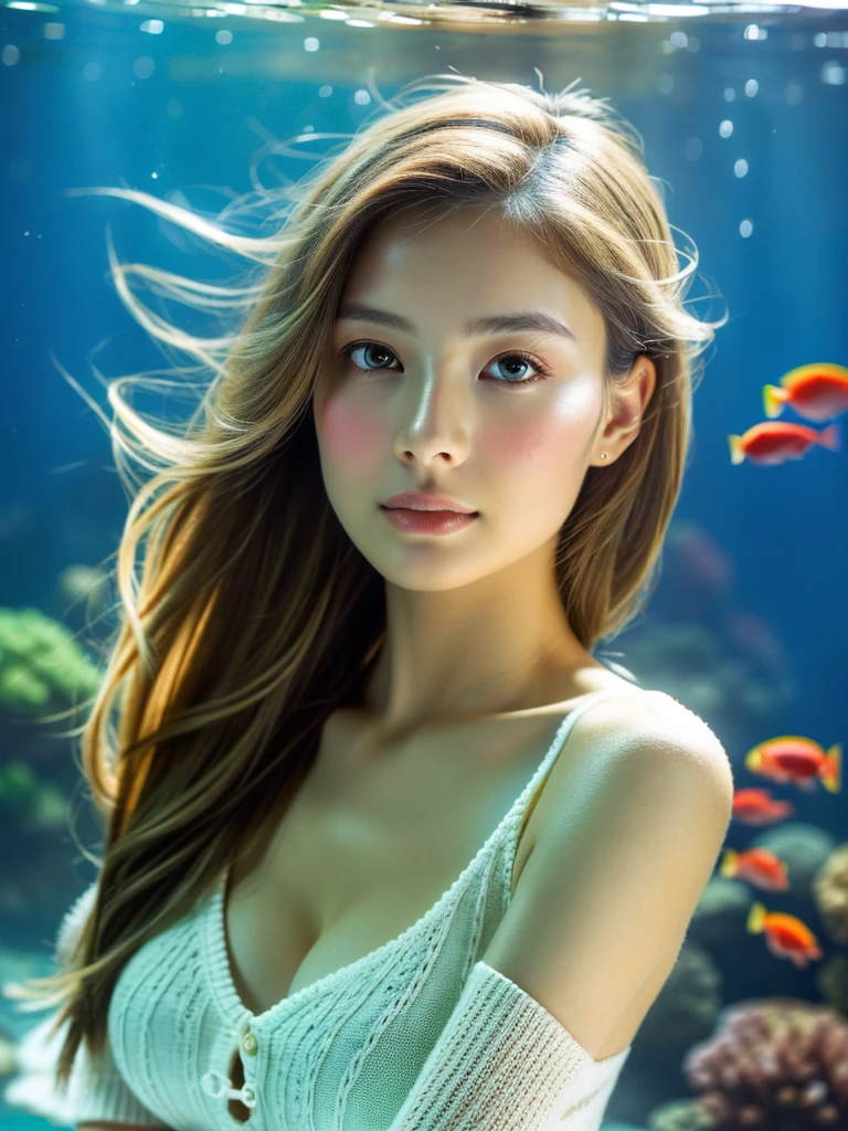 1girl, beautiful russian woman, light brown hair, clear skin, narrow waist, wearing loose light knitwear, masterpiece SLR photo, attention to detail, perfect proportions, soft-looking bust with cleavage, (best quality, 4k, 8k, highres, masterpiece:1.2), ultra-detailed, (realistic, photorealistic, photo-realistic:1.37), portraits, cinematic lighting, (intricate details:1.2), (vivid colors:1.2), (natural skin texture:1.1), (elegant pose:1.1), (serene expression:1.1), (soft focus background:1.1), (rough long hairstyle:1.2), aquarium, underwater