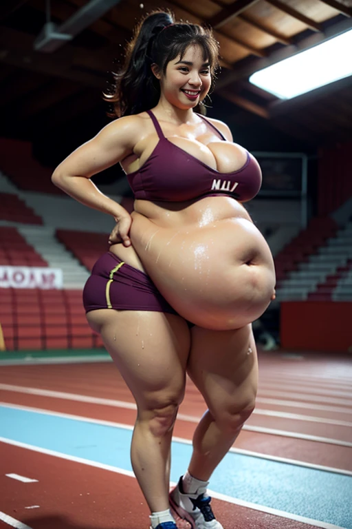 ((masterpiece, Top image quality, hight resolution、solo、、Sleeveless uniforms on land、track and field athlete、high-long Hairstyle、no-bra、full body Esbian、A smile、A slight smil、Tecateca skin、glowy skin))、Sweaty face、Latina, puberty, full of sweat、red lipsticks、Walk along the tracks of the athletics stadium、solo、On both hands and hips、Navel is visible、((Thigh Raising Training))、((Running on the track))、(((Macho Body)))、((Uniform wet with sweat))、(((see the whole body))), ((Very chubby woman)), cleavage, pregnant woman, sexy, blushing, fat, obese, pregnant belly, big sagging breast, saggy breast, thick thighs, wide hips, big round ass, afternoon, fisheye lens, establishing shot, pastel color grading, front view, depth of field cinematography effect, film noir genre, 8k resolution, high quality, ultra detail , curvy body, plump body, huge big ass, thick body, curvy body type, voluptuous body type, busty body type, thick body type, big chest, big, Big belly femele Fat I'm rubbing my stomach Belch Overeating, sexy full body, bloated belly, big sagging breast, saggy breast, thick thighs, wide hips, big round ass , curvy body, plump body, huge big ass, thick body, curvy body type, voluptuous body type, busty body type, thick body type, big chest, big Huge pregnant belly 9 months,