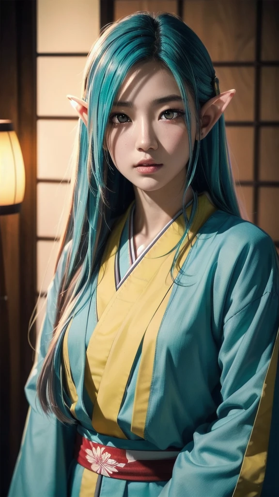 RAW, Realism, hyperrealism, ray tracing, high details, super detail, UHD, 8k, professional photograph, movie photograph, medium shot, Female elf, twenty years old, night, athletic body, soft facial features, long hair, straight hair, (((pacific cyan hair))), (((red eyes faded to yellow))), japanese female uniform, traditional japanese village