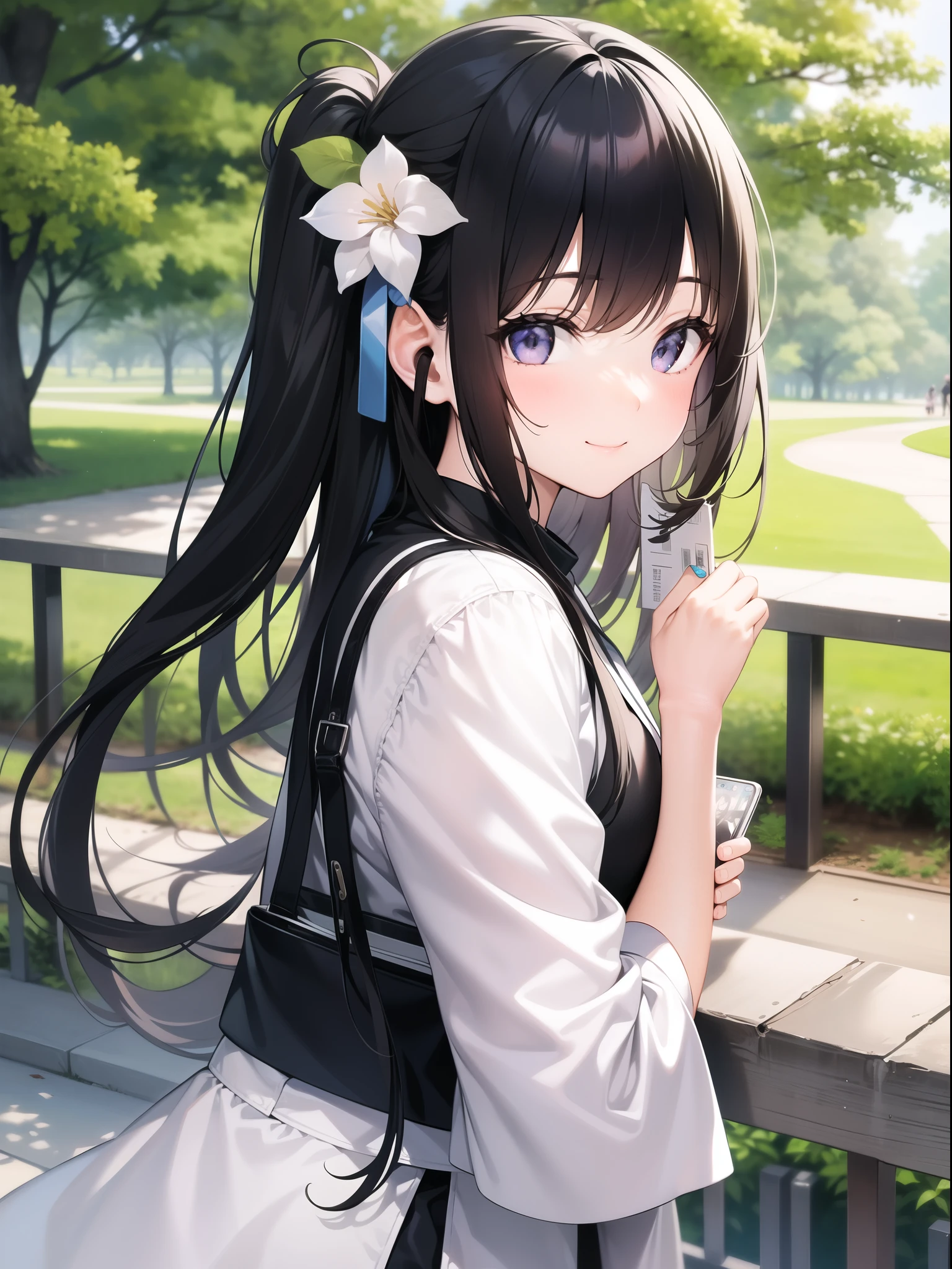 A girl taking a commemorative photo in the park。Smiling。Black Hair。White-based clothing