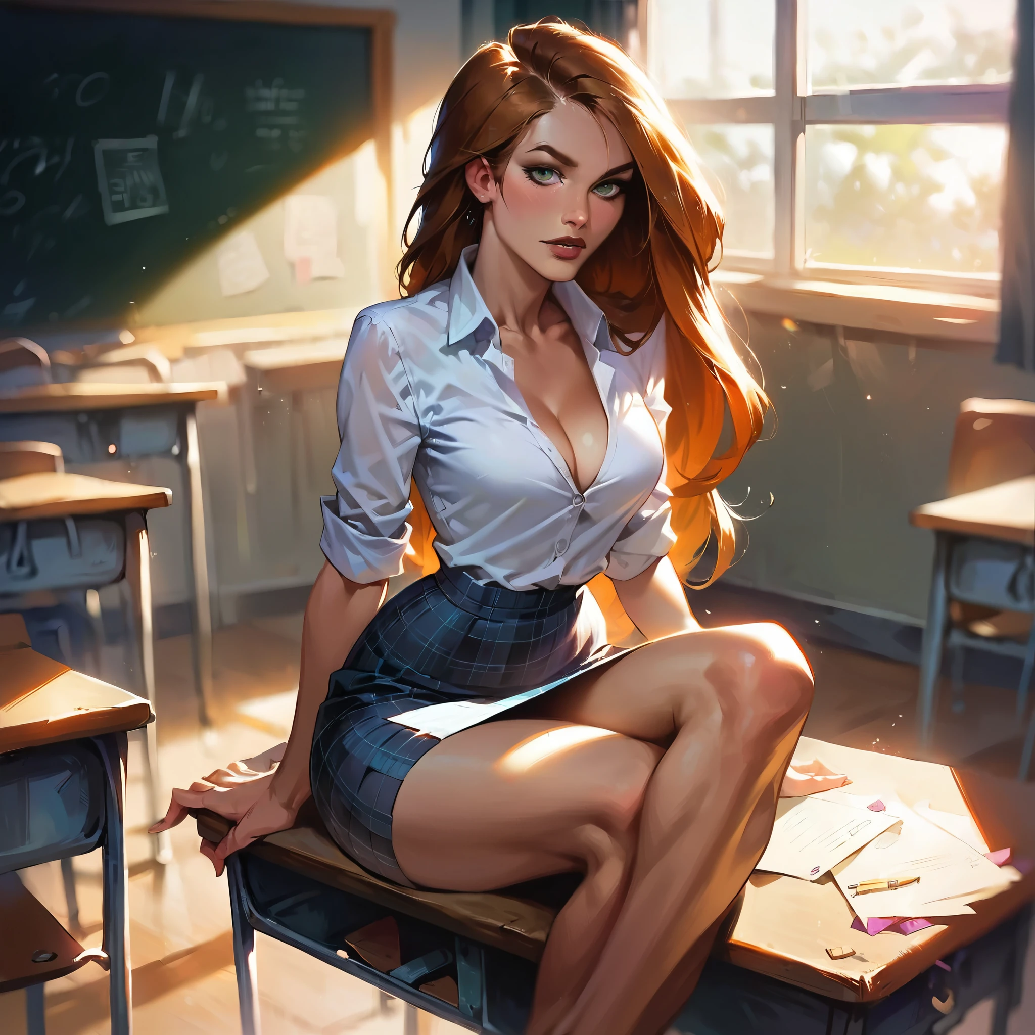 score_9, score_8_up, score_7_up, score_6_up, score_5_up, (high quality, detailed, beautiful), detailed soft lighting, rating_safe, 1girl, Kim Possible, (sitting in classroom:1.5), sexy plaid skirt, white blouse, cleavage.