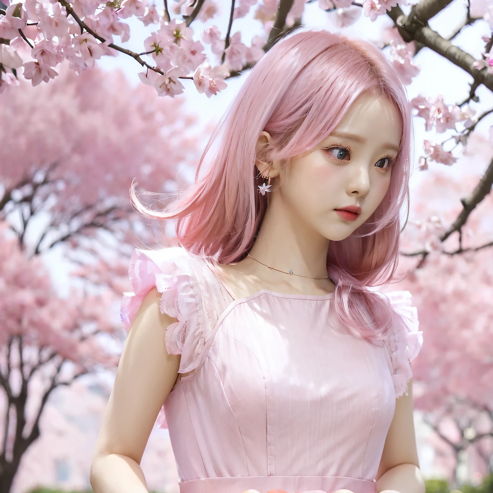 ((1girl)), pink hair, ((fuchsia dress)), short dress, white background, portrait, stand alone, in a park with Sakura trees, close-up 